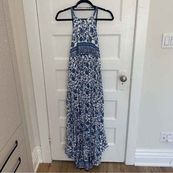 Ivory and blue maxi dress with high neck and open back, size M - Picture 6 of 7